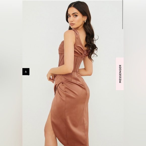 LULU ASYMMETRICAL DRAPE MIDI CORSET DRESS *TOFFEE - Picture 2 of 8